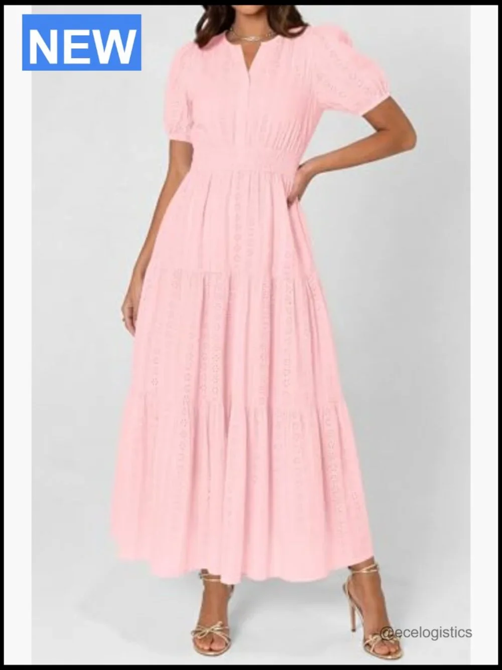 V Neck Puff Sleeve Smocked Maxi Dress Eyelet Cotton Tiered - Picture 2 of 7